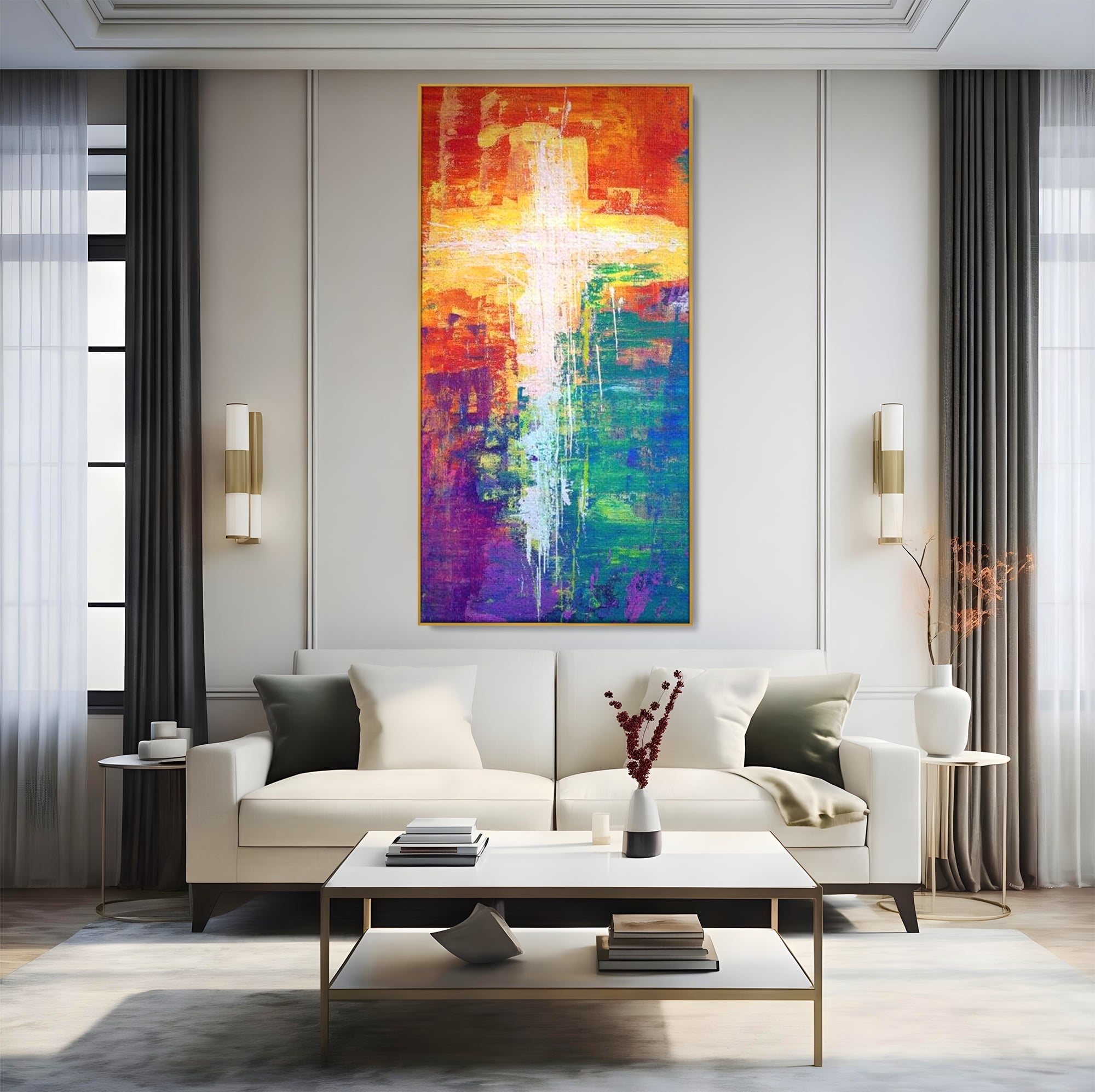 Tablou canvas cu tablou pictat cu o cruce luminoasa, in rama de aluminiu auriu, pe perete intr-un living